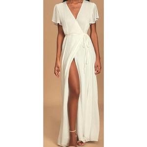LULU'S SZ XL  Heart of Marigold White Flutter Sleeve Wrap Maxi Dress